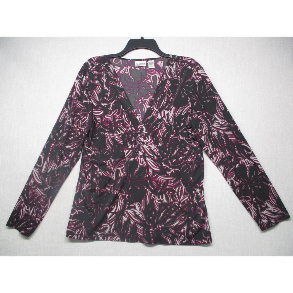 Chicos Black Purple Floral Metallic Stretch Wrap Top Blouse Womens Size 2